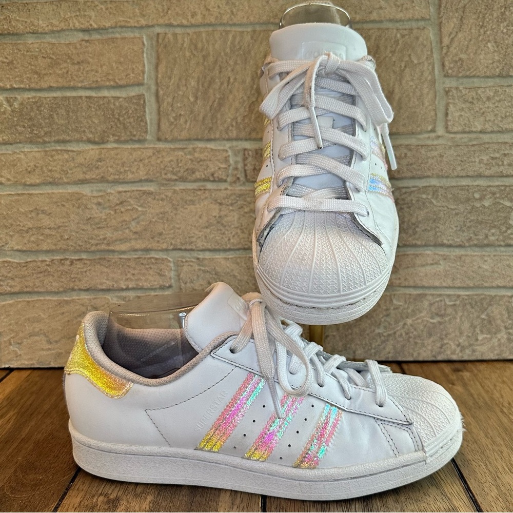 Adidas Superstar Iridescent Stripe Low Top Lace Up White Leather / Big Kid US 6Y